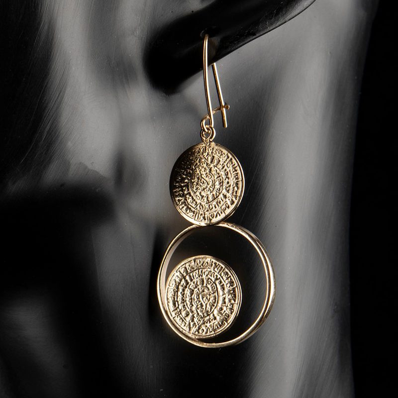 Gold-plated earrings Phaistos Disc , Gold-plated earrings, classical Ancient Greece, mystic look, vintage look, buy greekart.com Greek art ancient Greek traditional Greek Greek store, jewellery, Athens archaeological art , best gift, museum art, museum quality jewel, ancient Greek art, heritage Greek, jewels, handicraft, handmade jewel, earrings vintage, romantic, modern, contemporary art earrings ancient Greek, Athens, Festos, Knossos, Phaistos
