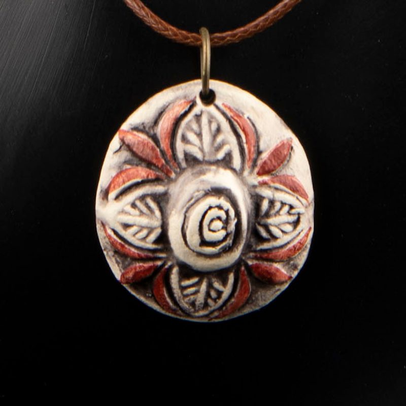 Flower seal-stone pendant, ceramic pendant, seal stone, adjustable pendant, Ancient Greece, mystic look, vintage look, bohemian look, buy greekart.com Greek art ancient Greek traditional Greek, Greek store clay jewellery, Athens archaeological art, best gift, long pendant, museum Heraklion, museum art, ancient Greek art, heritage Greek, jewels, handicraft, handmade jewel, pendant vintage, romantic, ancient Greek, romantic look, Knossos, Festos, Phaistos, contemporary art, Minoan art